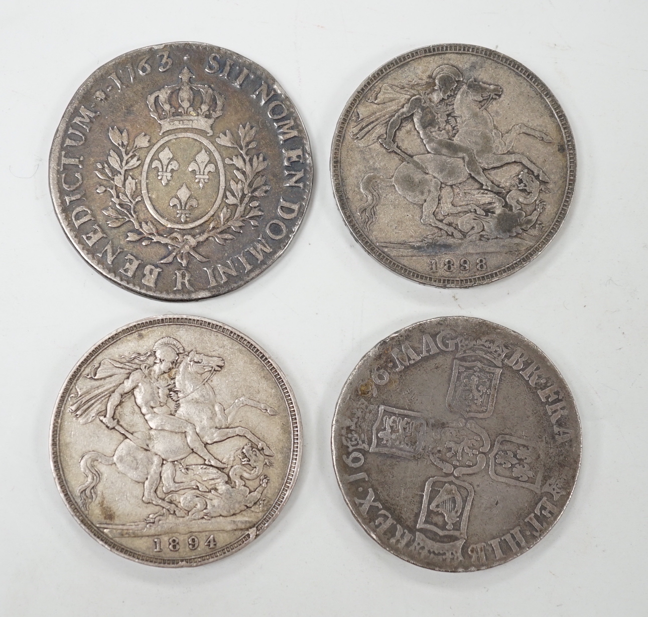 A William III crown 1696, 1763 ECU and two Victoria crowns